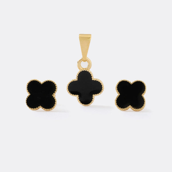 Conjunto Clover Negro 1cms (Topos + Dije)